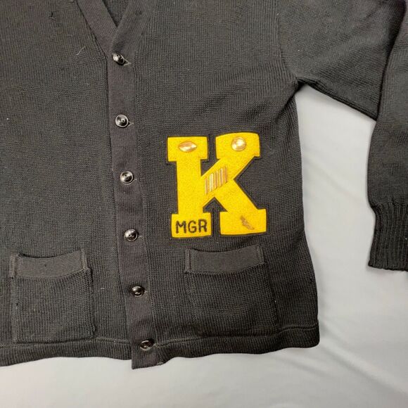 Vtg Wool 50s Revere Yellow K Varsity Cardigan Sweater Men Large Letterman Black - Picture 3 of 11